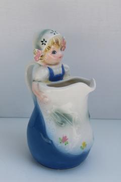 1950s vintage Dutch girl pitcher Lefton's foil label, made in Japan hand painted ceramic 