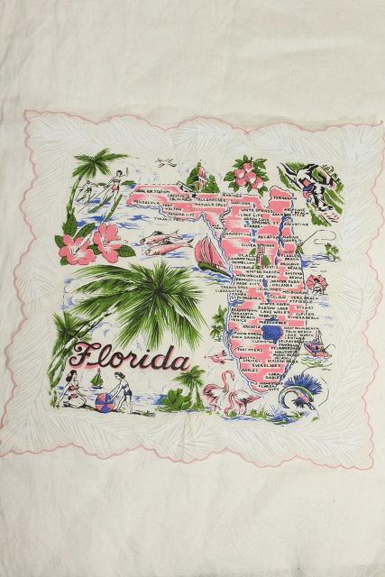 photo of 1950s vintage Florida map print hanky, printed cotton handkerchief #1