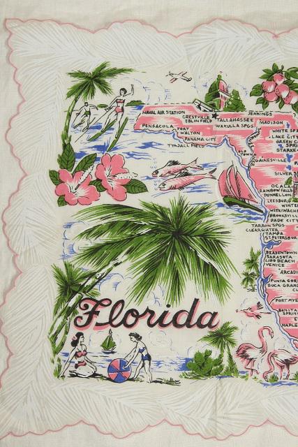 photo of 1950s vintage Florida map print hanky, printed cotton handkerchief #2
