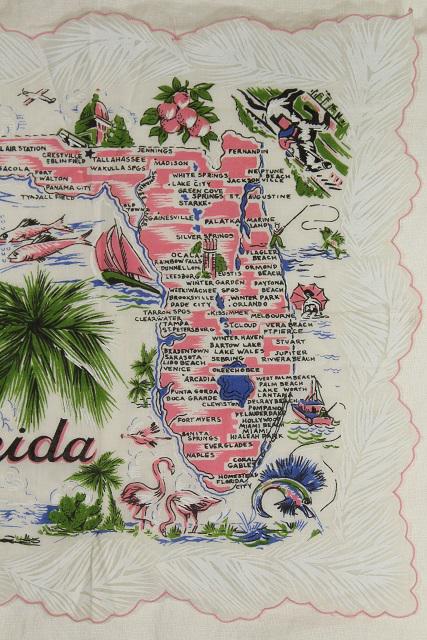 photo of 1950s vintage Florida map print hanky, printed cotton handkerchief #3
