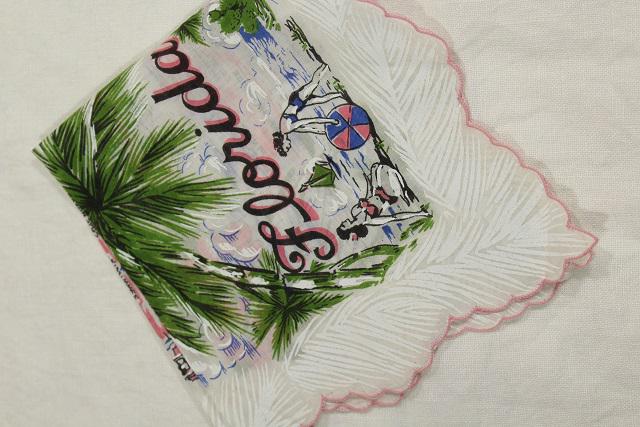photo of 1950s vintage Florida map print hanky, printed cotton handkerchief #4