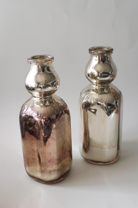 photo of 1950s vintage Forest Dairy embossed glass milk bottles, silver mercury glass #1