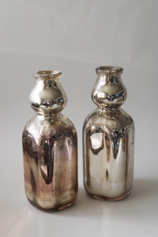 photo of 1950s vintage Forest Dairy embossed glass milk bottles, silver mercury glass #6