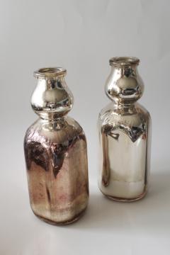 1950s vintage Forest Dairy embossed glass milk bottles, silver mercury glass