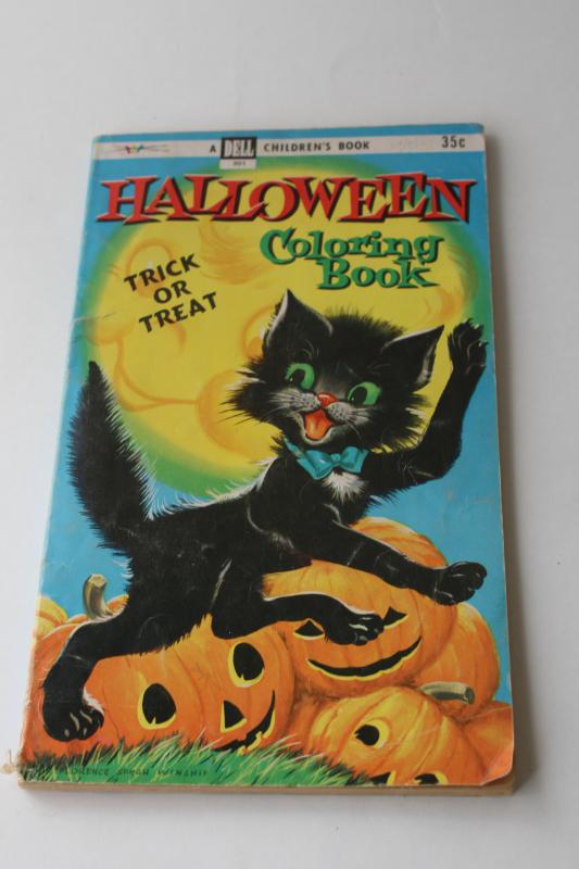 photo of 1950s vintage Halloween children's coloring book, black cat jack o'lantern cover art #1