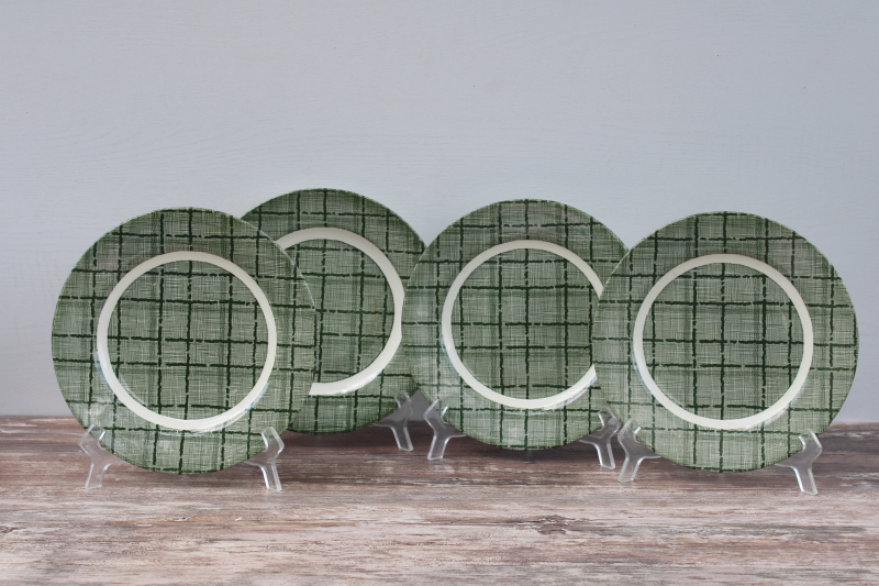 photo of 1950s vintage Harmony House Sage Green plaid pattern plates, Royal china green transferware #1