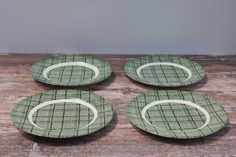 photo of 1950s vintage Harmony House Sage Green plaid pattern plates, Royal china green transferware #2