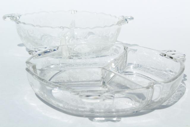 photo of 1950s vintage Heisey orchid etched glass, divided dressing bowl & relish dish #1