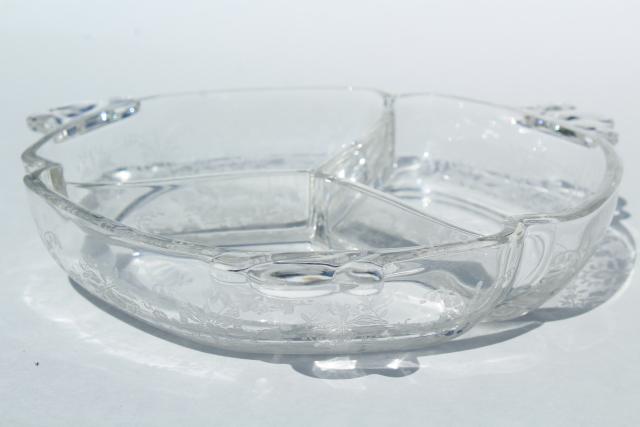 photo of 1950s vintage Heisey orchid etched glass, divided dressing bowl & relish dish #2