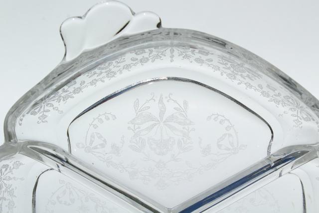 photo of 1950s vintage Heisey orchid etched glass, divided dressing bowl & relish dish #3