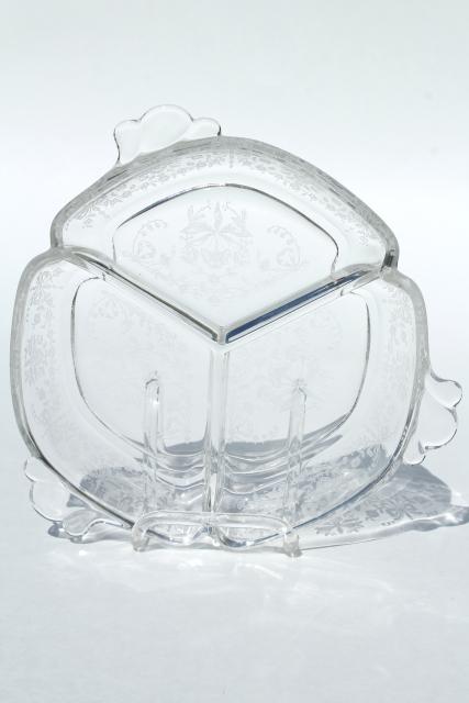 photo of 1950s vintage Heisey orchid etched glass, divided dressing bowl & relish dish #4