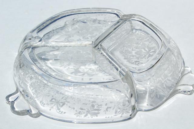 photo of 1950s vintage Heisey orchid etched glass, divided dressing bowl & relish dish #7