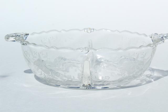 photo of 1950s vintage Heisey orchid etched glass, divided dressing bowl & relish dish #8