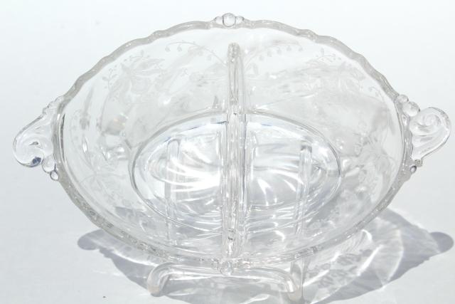 photo of 1950s vintage Heisey orchid etched glass, divided dressing bowl & relish dish #10