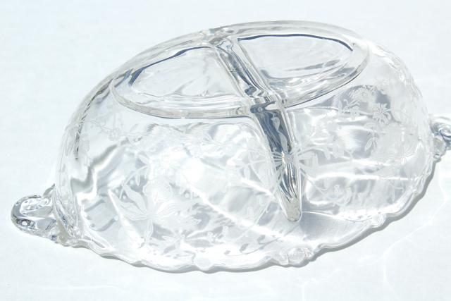 photo of 1950s vintage Heisey orchid etched glass, divided dressing bowl & relish dish #12