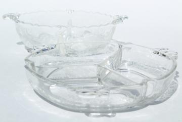 catalog photo of 1950s vintage Heisey orchid etched glass, divided dressing bowl & relish dish