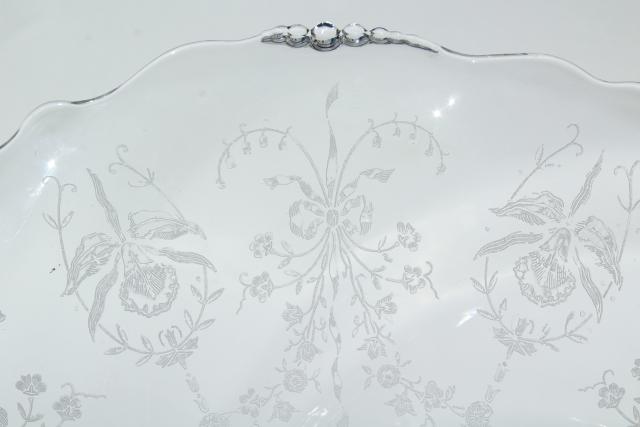 photo of 1950s vintage Heisey orchid etched glass, large flower bowl fruit centerpiece crimped shape #5
