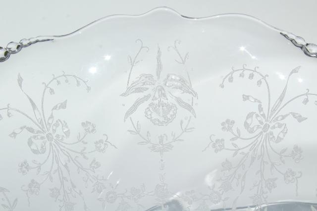 photo of 1950s vintage Heisey orchid etched glass, large flower bowl fruit centerpiece crimped shape #6