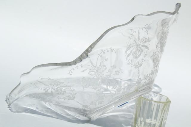 photo of 1950s vintage Heisey orchid etched glass, large flower bowl fruit centerpiece crimped shape #8