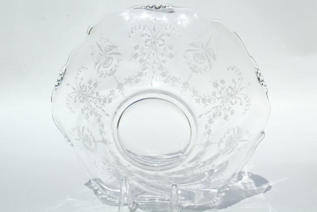 photo of 1950s vintage Heisey orchid etched glass, large flower bowl fruit centerpiece crimped shape #9