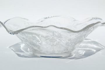 catalog photo of 1950s vintage Heisey orchid etched glass, large flower bowl fruit centerpiece crimped shape