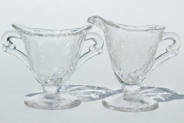 photo of 1950s vintage Heisey orchid etched glass mini cream pitcher & sugar bowl set #1