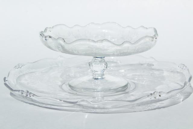 photo of 1950s vintage Heisey orchid etched glass, two piece cheese & crackers set, plate & pedestal dish #1