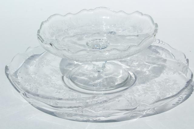 photo of 1950s vintage Heisey orchid etched glass, two piece cheese & crackers set, plate & pedestal dish #5