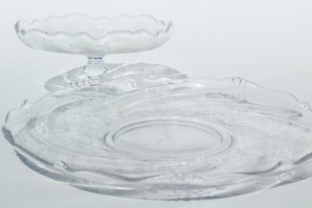 photo of 1950s vintage Heisey orchid etched glass, two piece cheese & crackers set, plate & pedestal dish #6