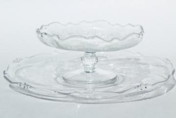 1950s vintage Heisey orchid etched glass, two piece cheese & crackers set, plate & pedestal dish