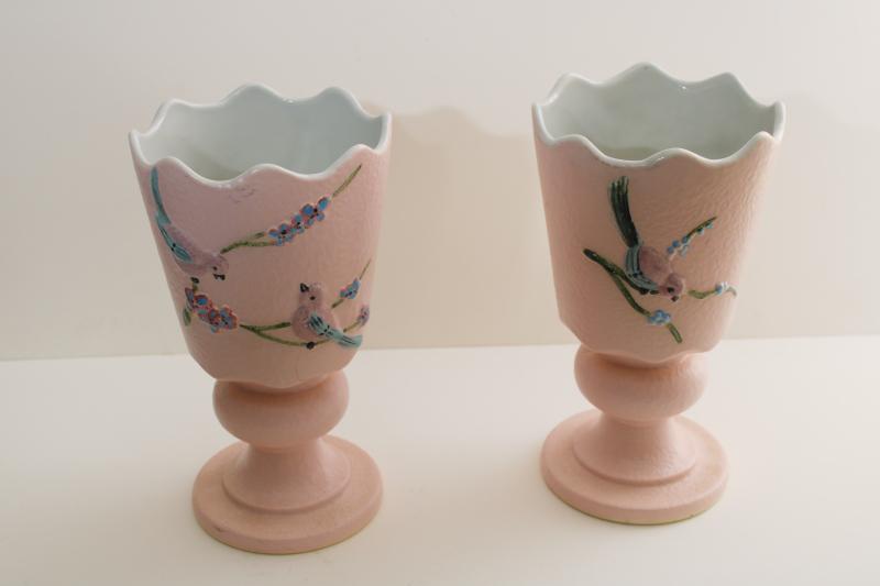 photo of 1950s vintage Hull art pottery vases, Serenade pink blue birds on textured ceramic #1