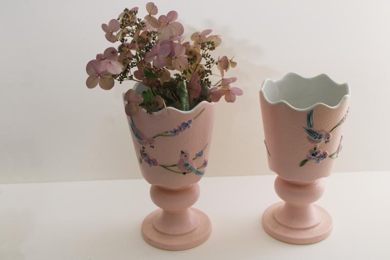 photo of 1950s vintage Hull art pottery vases, Serenade pink blue birds on textured ceramic #2