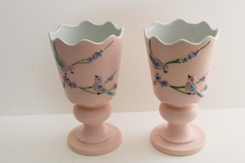 photo of 1950s vintage Hull art pottery vases, Serenade pink blue birds on textured ceramic #5