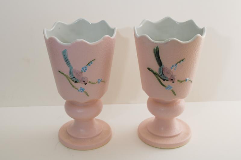 photo of 1950s vintage Hull art pottery vases, Serenade pink blue birds on textured ceramic #6