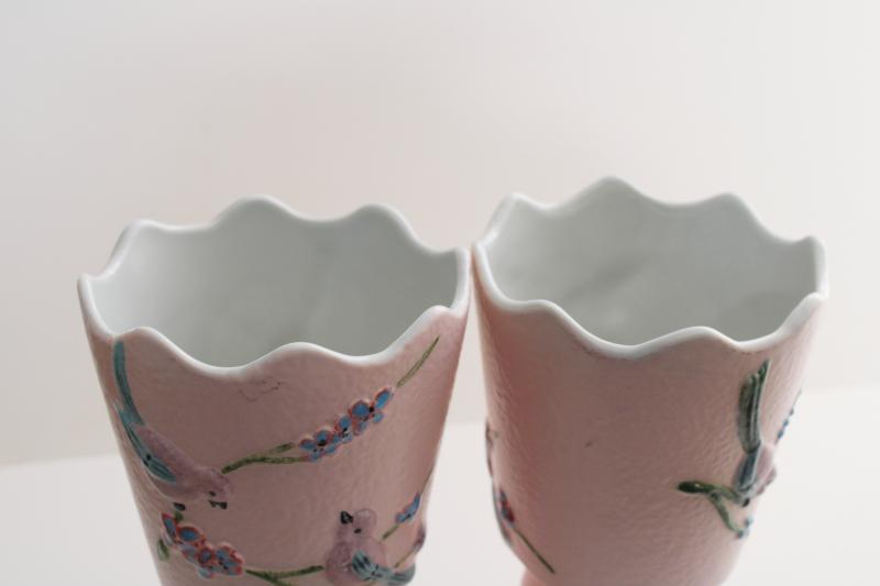 photo of 1950s vintage Hull art pottery vases, Serenade pink blue birds on textured ceramic #9