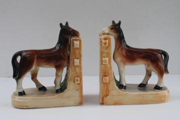 1950s vintage Japan ceramic horses book ends, china horse figurines