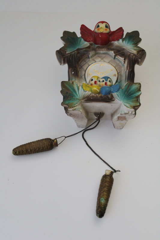 photo of 1950s vintage Japan ceramic wall pocket planter vase, cuckoo clock w/ blue birds #1