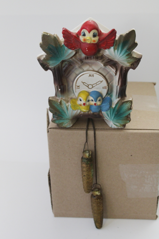 photo of 1950s vintage Japan ceramic wall pocket planter vase, cuckoo clock w/ blue birds #2