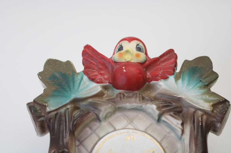 photo of 1950s vintage Japan ceramic wall pocket planter vase, cuckoo clock w/ blue birds #8