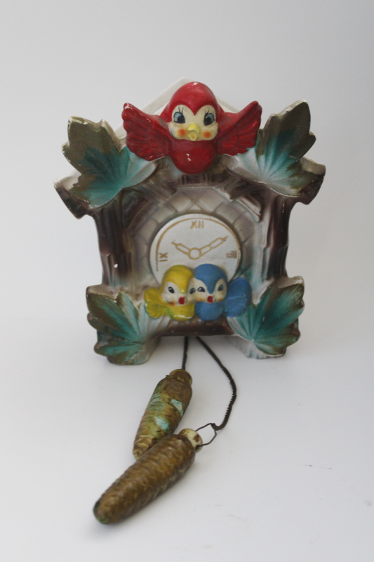 photo of 1950s vintage Japan ceramic wall pocket planter vase, cuckoo clock w/ blue birds #9