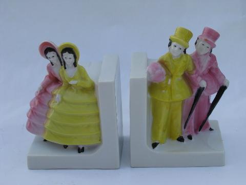 photo of 1950's vintage Japan china bookends, belles and beaus in pink and yellow #1