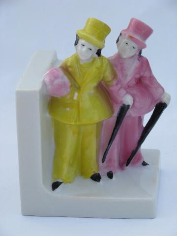 photo of 1950's vintage Japan china bookends, belles and beaus in pink and yellow #2