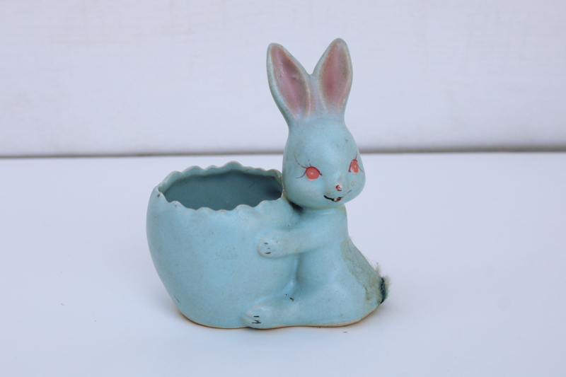 photo of 1950s vintage Japan kitschy blue bunny Easter egg cup or candy container, ceramic w/ fur tail #1