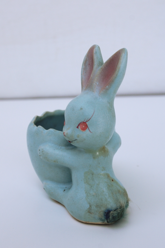 photo of 1950s vintage Japan kitschy blue bunny Easter egg cup or candy container, ceramic w/ fur tail  #2