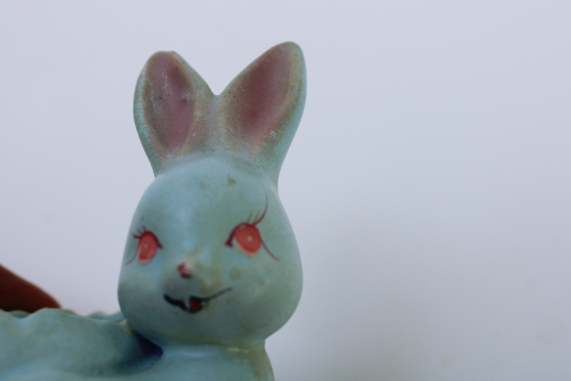 photo of 1950s vintage Japan kitschy blue bunny Easter egg cup or candy container, ceramic w/ fur tail  #3