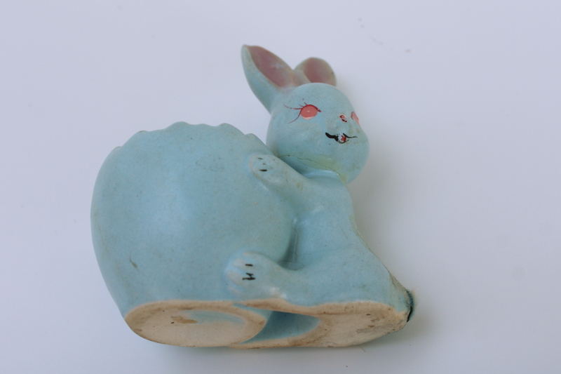 photo of 1950s vintage Japan kitschy blue bunny Easter egg cup or candy container, ceramic w/ fur tail  #6