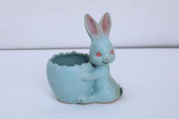 catalog photo of 1950s vintage Japan kitschy blue bunny Easter egg cup or candy container, ceramic w/ fur tail 
