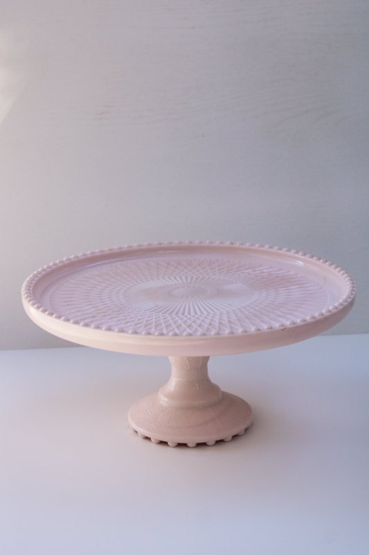 photo of 1950s vintage Jeannette shell pink milk glass cake stand, pedestal dessert plate  #1