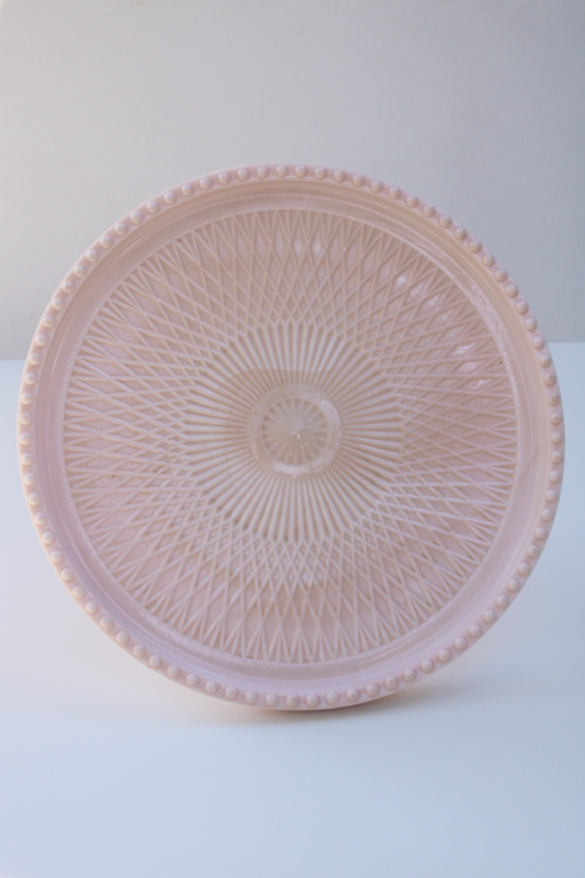 photo of 1950s vintage Jeannette shell pink milk glass cake stand, pedestal dessert plate  #2