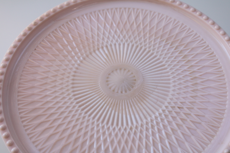 photo of 1950s vintage Jeannette shell pink milk glass cake stand, pedestal dessert plate  #8